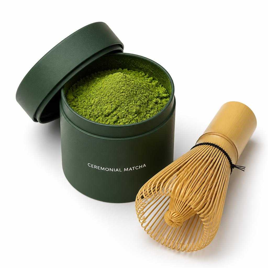 The generated demo product photo: a deep-green ceremonial matcha tin.