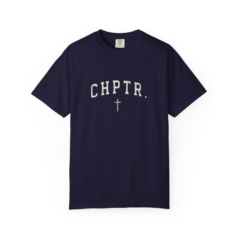 The Chosen Chapter listing photo: a navy T-shirt printed CHPTR. with a small cross below.