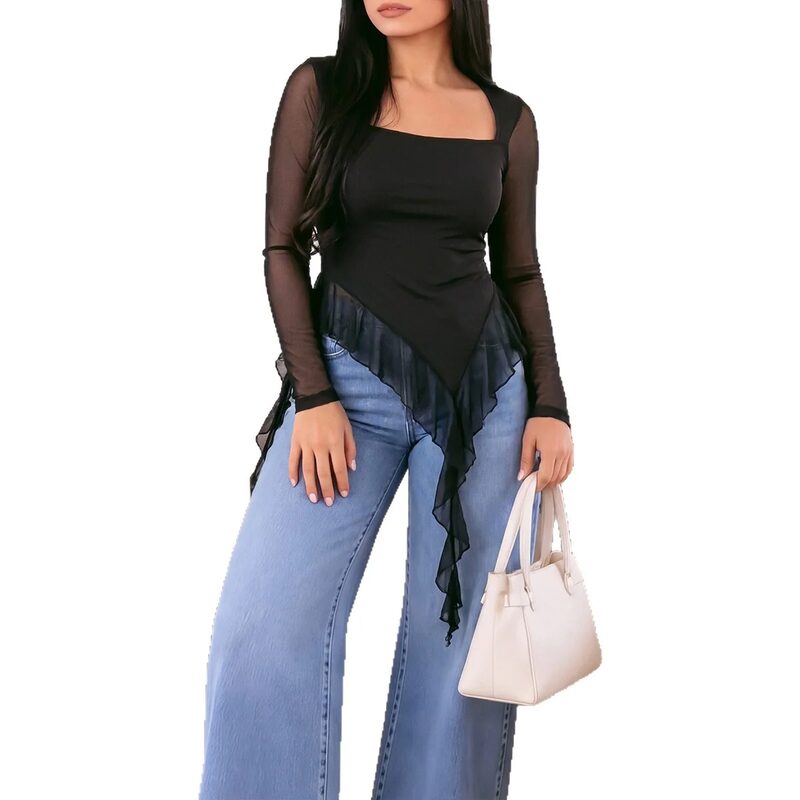 The listing photo: the black ruffle-hem knit top with sheer sleeves, worn with wide-leg jeans and a cream handbag.