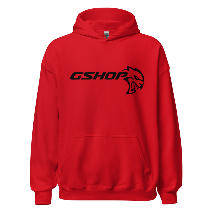 The GSHOP listing photo: a red pullover hoodie with the black GSHOP Hellcat logo across the chest, laid flat on white.
