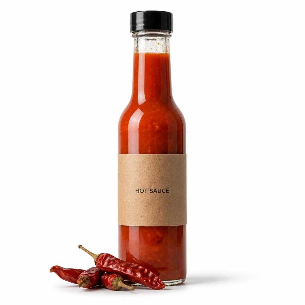 The generated demo product photo: a kraft-labelled small-batch hot sauce bottle.