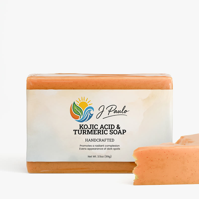 The J. Paulo listing photo: the wrapped kojic acid and turmeric soap bar beside a cut bar.