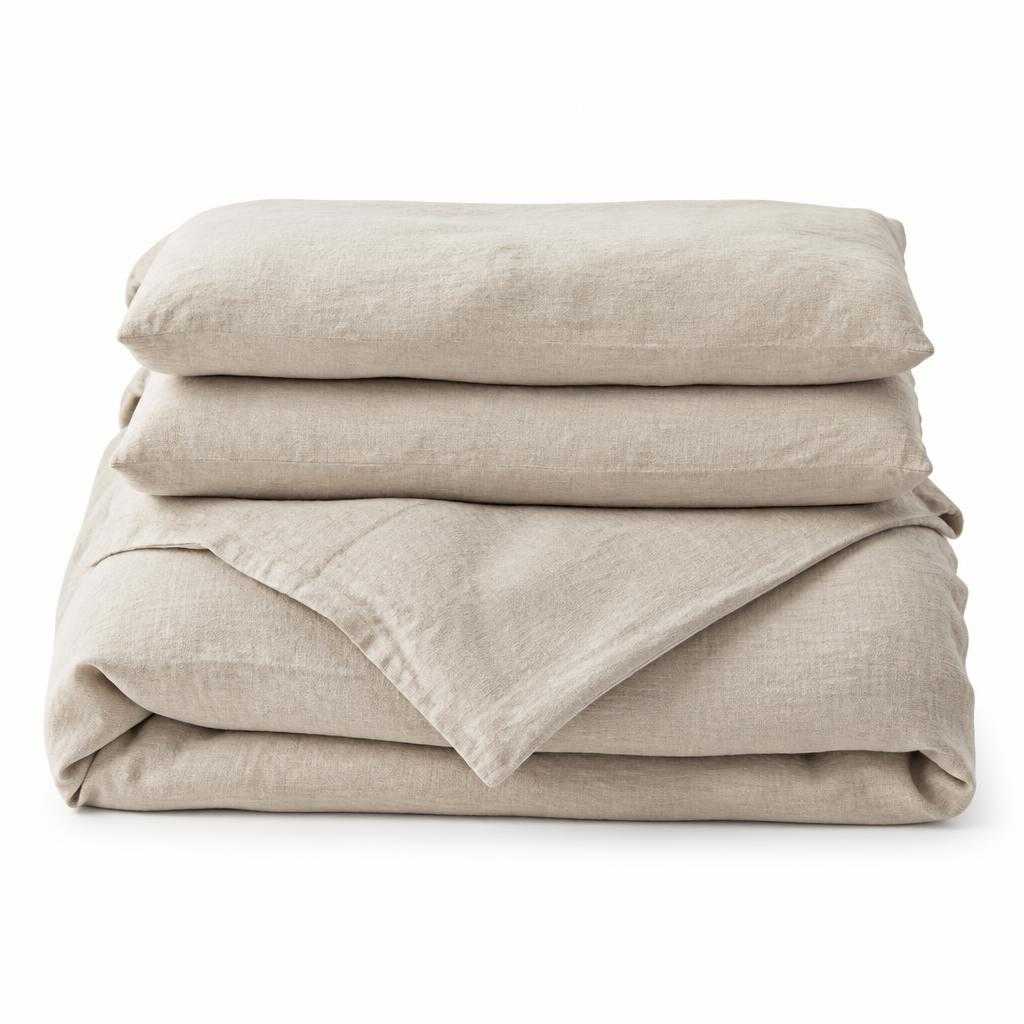 The generated demo product photo: a folded stack of oatmeal washed-linen bedding.