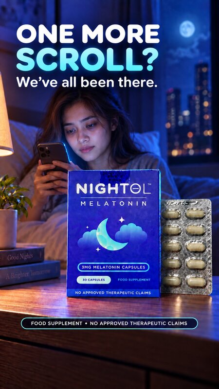 The Nightol homepage image: a woman scrolling her phone in bed beside a blue box of Nightol melatonin.