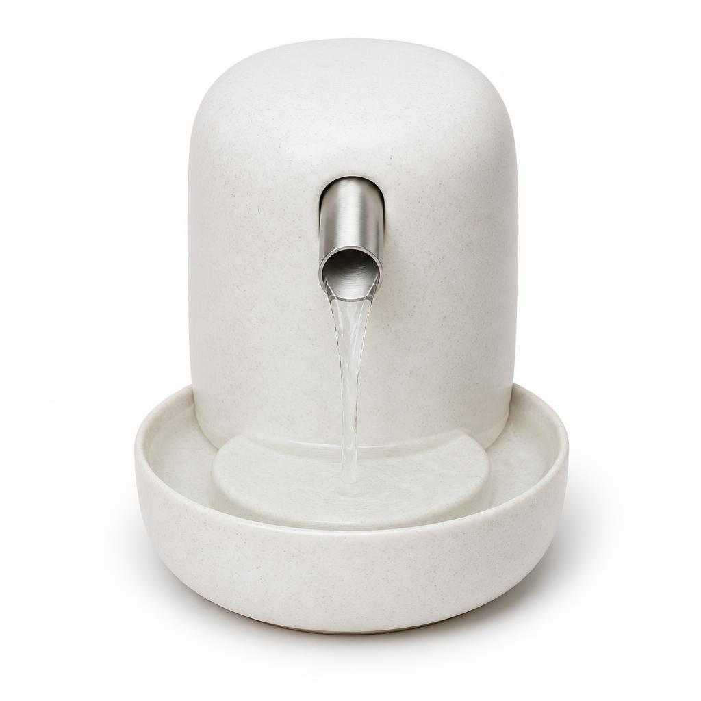 The generated demo product photo: a matte white ceramic pet water fountain.