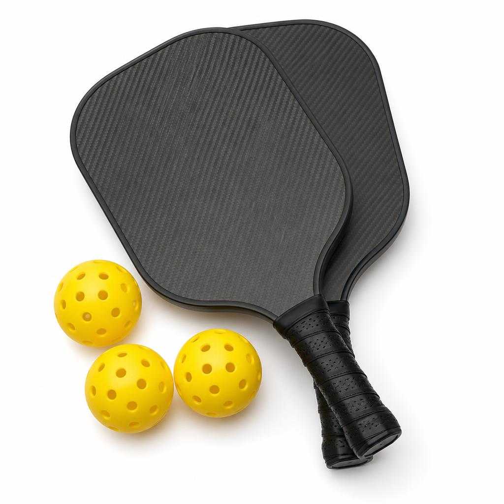 The generated demo product photo: two carbon-fibre pickleball paddles and balls.