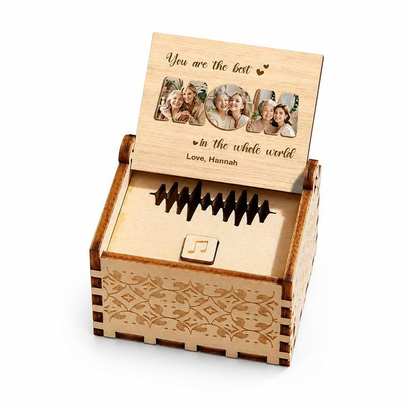 The Puffin Lime listing photo: the engraved wooden voice-recording music box, lid open.