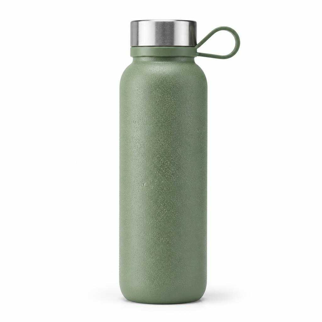 The generated demo product photo: a sage-green insulated water bottle.