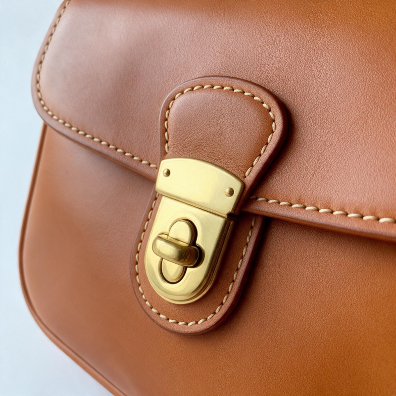 A close-up of the bag’s brass turn-lock clasp and cream stitching along the leather edge.