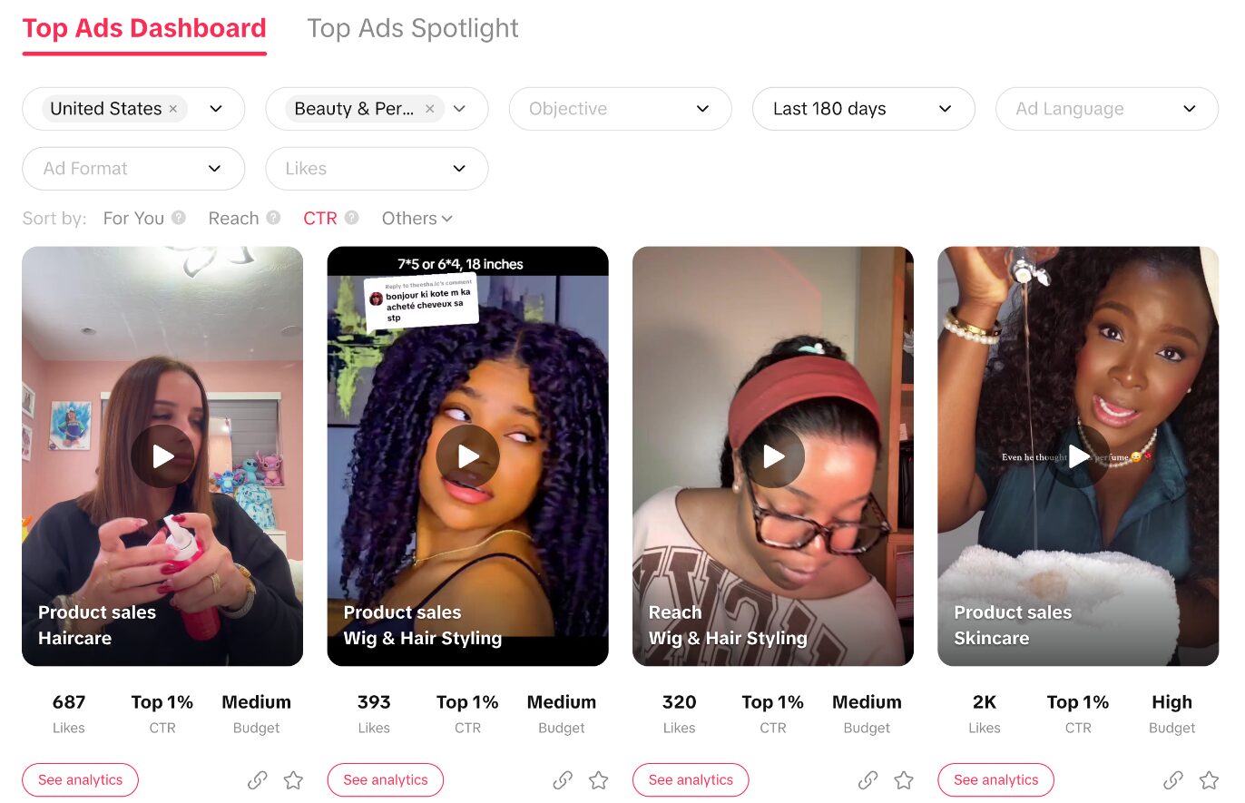 TikTok’s Top Ads list filtered to the United States, beauty and personal care, the last 180 days, sorted by click-through rate: four ads, each with one person on camera.