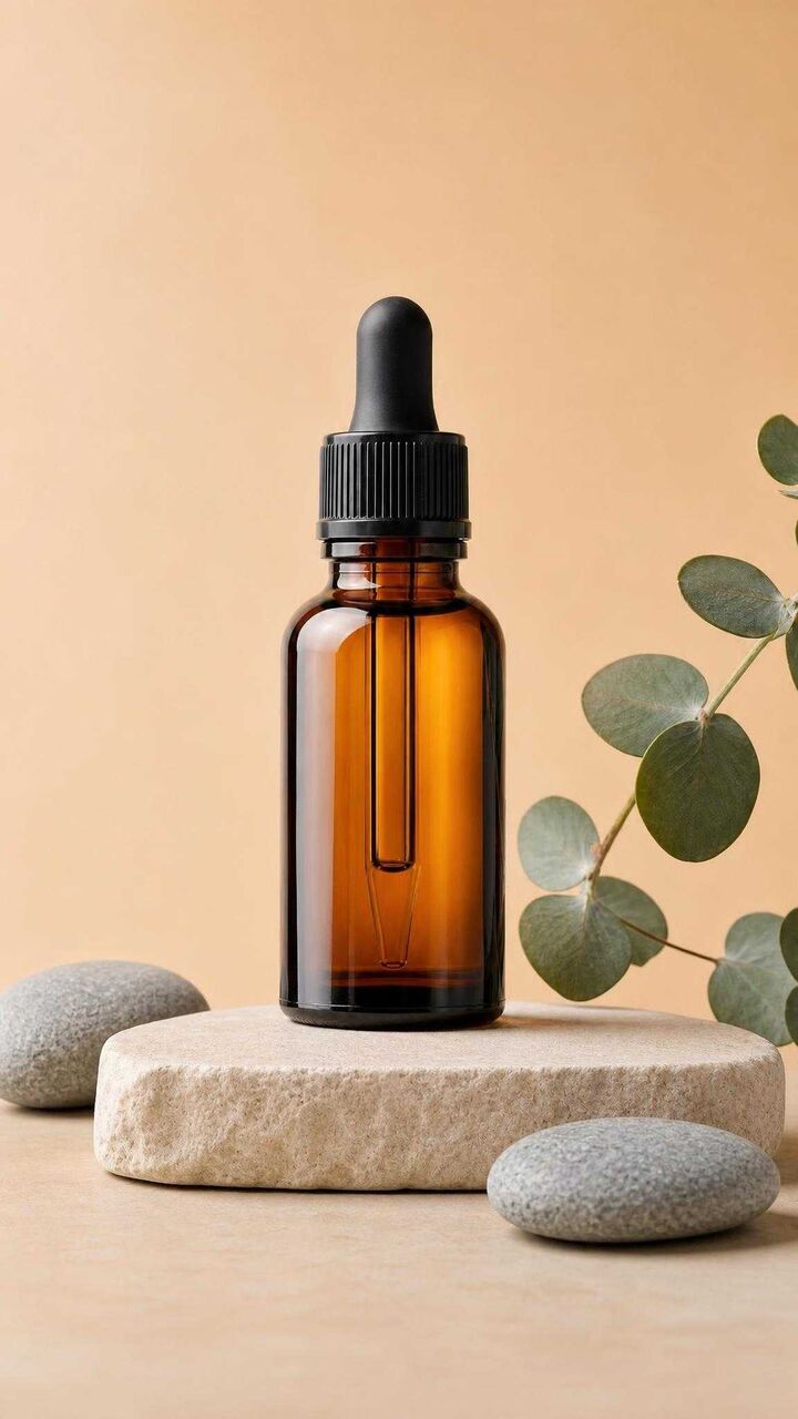 An amber serum bottle on a stone plinth against a beige studio backdrop, lit with softboxes.
