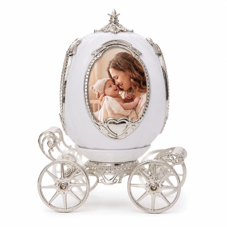 The Puffin Lime product listing photo: a silver carriage music box with an oval photo frame.