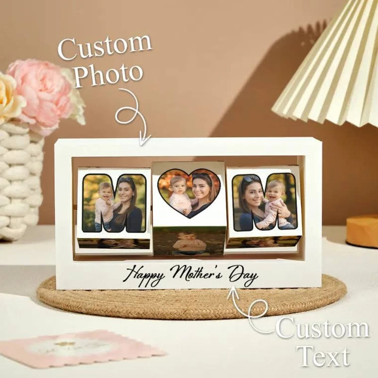 The Puffin Lime product listing photo: a white three-photo frame with custom text reading Happy Mother’s Day.