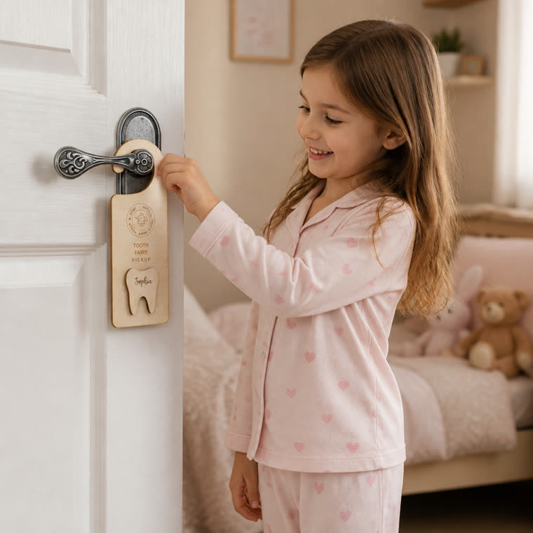 The Puffin Lime product listing photo: a child hanging a wooden tooth-fairy door hanger on a bedroom door.
