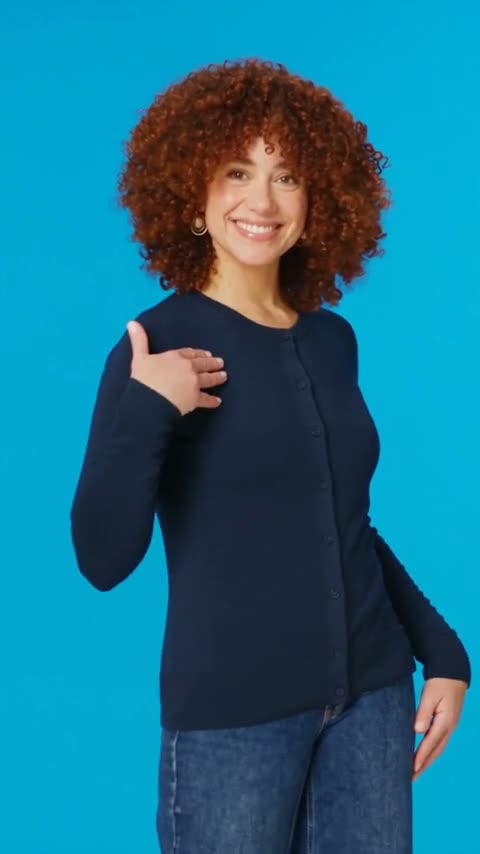 A woman models a button-front cardigan in cream, navy and olive against bright studio backdrops, then the coral one close at the buttons and cuff, and the stack of colours laid flat.