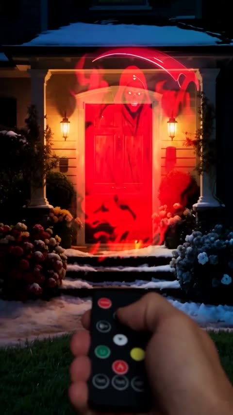 A hand clicks a remote and the projector throws a blue ghost, a flaming skull and a red reaper across a hallway and a bedroom wall, then lights the front of a house at night.
