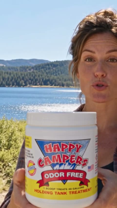 A woman at a lakeside campsite holds up a tub of Happy Campers holding tank treatment, tells the camera about it and takes it to her RV.