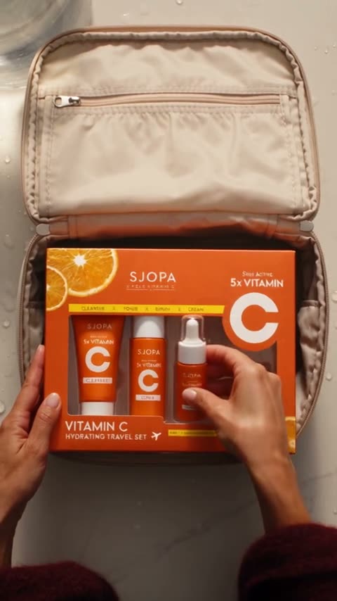 A woman talks to camera about the SJOPA vitamin C set, presses serum into her cheek, and packs the orange box into a cream travel case.